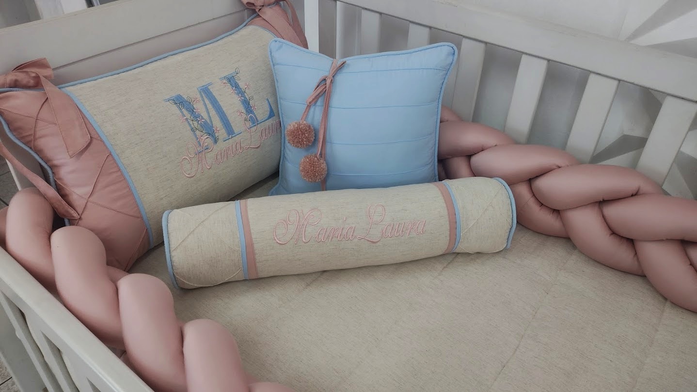 Kit Berço Rose Azul Bebê e Linho Básico