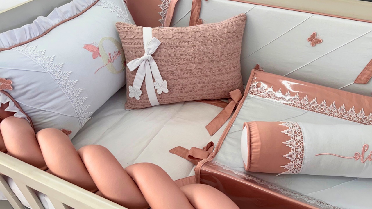 Kit Berço Rose Borboleta Rendado - Imagem 3