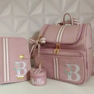 Kit Mochila Maternidade Linho Rosa com fita listras
